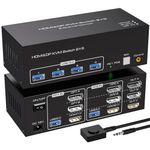 2 Displayport + HDMI KVM Switch 2 PC 3 Monitore 4K144Hz 8K60Hz Triple Monitor KVM Switches for 2 Computers Share 3 Monitors with 4 USB 3.0 Ports Includes 2 USB 3.0 Cables and External line Control