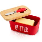 Hasense Butter Dish with Lid - Porcelain Butter Dish with Knife and Silicone Ring for Countertop, Airtight Butter Container Holder Keeper with Cover Perfect for East West Coast Butter, Red