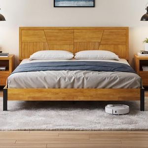 Bme Trapeze King Size Bed Frame – Rubberwood Platform with Slatted Headboard, Sturdy Iron Legs, No Box Spring Needed, Supports up to 800 lbs