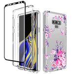 Jhxtech for Galaxy Note 9 Case, Samsung Note 9 SM-N960F Case with Tempered-Glass Screen Protector, Cute Clear Floral Pattern Full Body Protective Cover Cases for Samsung Galaxy Note 9 (Rose Flower)