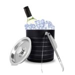 Bab Louie & Co. Double-Wall 1.8 L Insulated Stainless Steel Ice Bucket with Tong for Cocktail Bar, Elegant Black Ice Bucket for Cocktail Bar, Ice Buckets for Parties with Lid