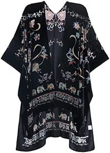 MJ SERECA Women's Burnout Velvet Kimono Long Cardigan Cover Up with Tassel, Elephant Flower, One Size