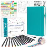 Bullet Dotted Journal Kit,Feela A5 Dotted Bullet Grid Journal Set with a 224 Pages Teal Notebook,Fineliner Pens,Reusable Stencils,Sticker Sheet,Washi Tape,Black BallPen for Diary,Schedule Plan,Drawing