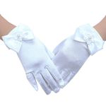 LeJulyeekay Short Satin First Communion Gloves Wedding Pageant Girls Gloves Bow, White, One Size