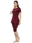 MEGASKA Women Color Block Knee Length One Piece Swimsuit with Removable Chest Pads Front Zipper Frock Style Design Swimming Costume_Wine_XXL