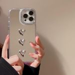 ZTOFERA Case for iPhone 15, Cute Silver 3D Love Heart Clear Makeup Mirror Case, Flexible Shockproof Anti-Scratch Protective Cover for iPhone 15 6.1"- 3 Hearts