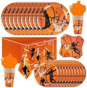 81 Pezzi Stoviglie per Feste Basket, Decorazione per Feste Tema Basket Kit, Pallacanestro Decorazioni Include Piatti Tazza Di Carta Tovaglioli Tovaglia Forchetta Per Bambini Basket Compleanno Supplies