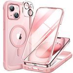 Miracase Glass Series for iPhone 15 Case [Compatible with MagSafe] Full-Body Magnetic Case with Built-in 9H Tempered Glass Anti-Fingerprint Screen Protector + Camera Lens Protector, Pink and Clear