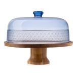 Godinger Cake Stand, Footed Cake Plate with Dome, Acacia Wood and Shaterproof Acrylic Lid, Wood Cake Stand with Dome Vintage Romantic Decor - Blue