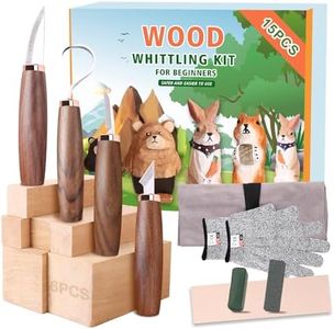 Wood Carving Tools Pack of 15- Includes Black Walnut Handle Wood Carving Knife,Whittling Knife,Hook Knife,Polishing Compound,Sharpening Stone,Cut Resistant Gloves,Wood Carving Kit for Beginners.