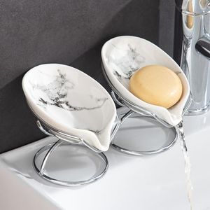 Dobbyby Leaf-Shaped Soap Dish – Ceramic Soap Bar Holder with Self-Drainage System – Bar Soap Holder for Shower, Bathroom Sink, Kitchen – Soap Dish with Stainless Steel Stand (White-Sliver-2 Pack)