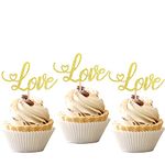 Confetti! 24 PCS Valentine's Day Love Cupcake Toppers with Glitter Heart Letter Sweet Love Cupcake Picks Valentine's Day Theme Wedding Engagement Bridal Shower Birthday Party Cake Decorations (Gold)