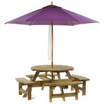 BrackenStyle Picnic Pub Bench 8 Seater Round Wooden Garden Patio Table Thick Timbers With Parasol (Purple)