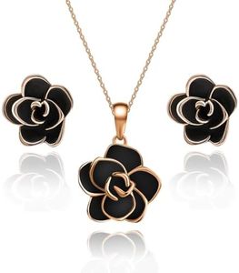 EVEVIC Rose Flower Necklace Earrings Set for Women 18K Gold Plated Jewelry Sets (Black)