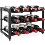 AKOZLIN Metal Wine Racks 3-Tier Stackable 12 Bottle Iron Wine Bottle Holder Stands Tabletop Free Standing Storage Wine Organizer Display Shelf for Kitchen, Pantry, Cellar, Bar,Black