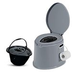 Denny International Large 6L Compact Portable Toilet, High Density Polyethylene, Potty Loo with Washable Basket and Toilet Roll Holder for Pool Party Camping Caravan Picnic & Festivals (Grey)