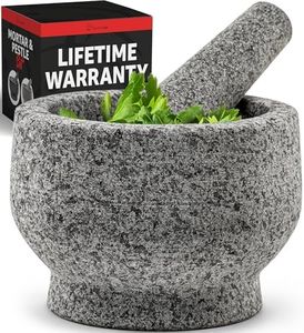 Heavy Duty Natural Granite Small Mortar and Pestle Set, Hand Carved, Make Fresh Guacamole at Home, Solid Stone Grinder Bowl, Herb Crusher, Spice Grinder, 2 Cup Size, Unpolished Grey
