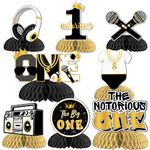 Fangleland 8Pcs The Notorious One Birthday Decorations, Black Gold 1st Birthday Honeycomb Centerpieces - The Big One Theme First Birthday Decorations, Hip Hop 3D Table Decor for One Year Old Boy