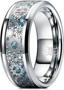 Three Keys Jewelry 8mm Tungsten Rings Silver Punk Seal Gear Mechanical Light Blue Carbon Fiber with Metal Foil Inlay Wedding Bands for Men Size 6.5N