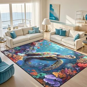 9x12 Feet Sea Turtle Rugs for Bedroom - Sea Turtle Rug Ocean Theme Turtle Carpet for Bedroom Colorful Coral Printted Carpet for Kids Room Underwater Ocean Theme Decor