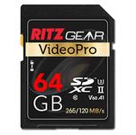 Ritz Gear 64GB High-Speed SDXC UHS-II SD Card, C10, U3, V60, Full-HD & 8K Memory Card for DSLR, Cinema-Quality Video Cameras