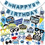 WOBBOX Ninth Birthday Photo Booth Party Props Blue for Baby Boy with 9th Birthday Bunting Banner for Baby Boy in Blue, 9th Birthday Decorations for Boys, Kids Birthday Party Decoration Items