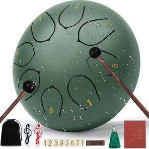 Rain Drum for Outside Garden, 6 Inches 8 Notes Steel Tongue Chakra Drums, Waterproof Meditation Rain Chime, Musical Instruments for Adult Gift with Bag, Drum Mallets, Music Book (Green)
