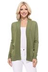 YEMAK Women's Long Sleeve Open Front Knit Sweater Cardigan Shrug with Pocket (S-XL) - Green - Large