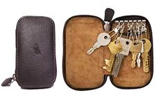 Adamis Leather Keychain Holder Pouch, Key Case, Soft Strong and Compact Organiser and Wallet with Zip Closure and 6 Key Holder Hooks W55 Dark Brown, Size 6 x 11 cm