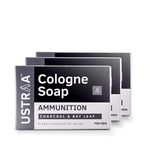 Ustraa Ammunition Cologne Soap with Charcoal & Bay Leaf, 3 x 125 gm (Pack of 3) | Clear, dirt-free skin with Activated Charcoal | Soap with Fragrance of Cologne