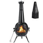 SINGLYFIRE Prairie Fire Outdoor Chiminea Fireplace Deck or Patio Backyard Wooden Fire Pit with Chiminea Cover Rust-Free Iron Black