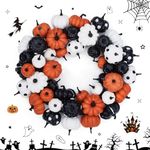 18 Inch Halloween Fall Wreath for Front Door, Black Orange White Artificial Pumpkin Wreath for Fall and Halloween Indoor Outdoor Home Party Decor