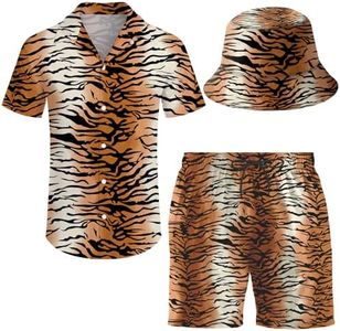 ifamawlea Men's 2 Piece Animal Print Tiger Hawaiian Shirt Shorts Button Down Rave Shirt and Shorts Sets with Bucket Hats 2XL
