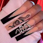 JUSTOTRY 24 Pcs Coffin False Nails Long with Snake,Black French Press on Nails Patterns,Pretty Ballerina Stick on Nails for Women,Acrylic Glitter Fake Nails Medium with Glue for Nail Art