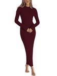 BONITEE Casual Dress for Women 2024 Fall Trendy Bodycon Midi Dresses Sexy Night Out Club Party Dress Clothing 2024 Burgundy,L