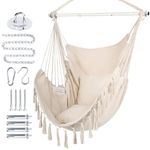 WBHome Extra Large Hammock Chair Swing with Hardware Kit, Hanging Macrame Chair Cotton Canvas, Include Carry Bag & Two Soft Seat Cushions, for Bedroom Indoor Outdoor, Max. Weight 330 Lbs (Beige)