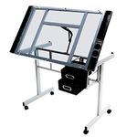 costoffs Rolling Drawing Table Draft Art Table with Tiltable Tabletop, Adjustable Artist Drawing Table with Slide Rolling Wheels and 2 Drawers, Drafting Craft Desk with Liftable Desktop and Storage