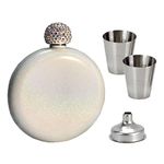 PIVHWIR Flask for Liquor 5Oz 304 Stainless Steel Cute Liquor Flask for Women Pretty Glitter Coating Whiskey Flasks Portable Wine Flask Shining Rhinestone Cap (White)