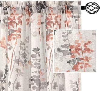 H.VERSAILTEX Linen Sheer Curtains for Living Room Curtains 95 Inches Long Light Filtering Rod Pocket Window Sheer Linen Curtains for Bedroom, Coral and Taupe Classical Floral Printing, 2 Panels