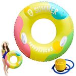 Jukusa Inflatable Swimming Ring with Air Pump, Heavy Duty Summer Pool Float Tube with Durable Handles, Colorful Adult & Kids Swim Ring for Beach, Lake & Pool Parties(Pump Included)