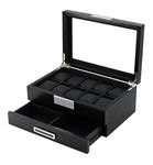 Black Wood Watch Storage Box with 10 Watch Slots & 1 Pull-Out Valet Drawer, Glass Lid Jewelry Organizer Case for watches, cufflinks, brooches, rings, tie clips, sunglasses and more