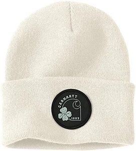 Carhartt Men's Knit Shamrock Patch Beanie Hat, Winter White,