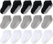 CozyWay Non-Slip Ankle Grip Low Cut Kids Socks, 15 Pack for Boys & Girls, Black/White/Gray, 5-7 Years Old