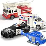 TEMI 4 Pack Emergency Vehicle with Lights and Sounds Toys Playsets for Kids, Rescue Helicopter, Police Car, Fire Truck, Ambulance Car Toys Gift for Age 3-12 Boys Girls