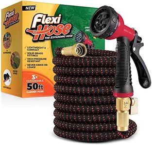 MULTIPLE COLORS - Flexi Hose with 8 Function Nozzle Expandable Garden Hose, Lightweight & No-Kink Flexible Garden Hose, 3/4 inch Solid Brass Fittings and Double Latex Core, 50 ft Red Black