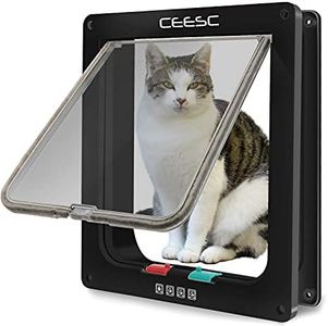 CEESC Extra Large Cat Door (Outer Size 11" x 9.8"), 4 Way Locking Large Cat Door for Interior Exterior Doors, Weatherproof Pet Door for Cats & Doggie with Circumference < 24.8" (Black)