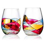 Beautiful Hand Painted Stemless Wine Glasses By The Wine Savant - Unique Hand Painted Gifts - Set of 2 - Gift Idea for Her, Him, Birthday, Mom, Housewarming - Extra Large Goblets