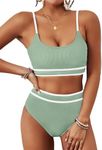 BMJL Women's High Waisted Bikini Ribbed Two Piece Swimsuit High Cut Color Block Adjustable Straps Bathing Suit(L,Army Green)