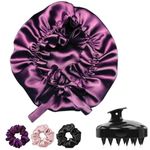 Silk Satin Hair Bonnet Reversible Sleep, Cap Adjustable Satin Bonnet for Curly Hair, Head wrap for Sleeping, Silk Bonnet for Hair with FREE Hair Scalp Massager, and 3 Scrunchies for Women (Mulberry)