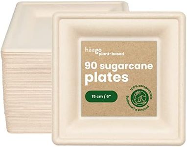 HAAGO 90 Platos de Caña de Azúcar - Platos Cuadrados Desechables, como Platos de Papel - Alternativa a los Platos de Plástico - para Barbacoas, Fiestas y Mucho más - 15cm/6"